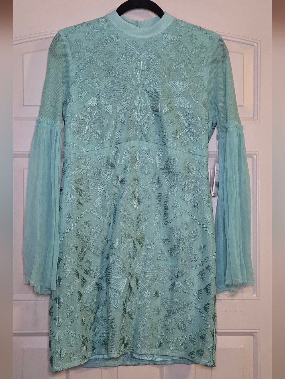 NWT - Free People - Light Teal Embroidered Long-Sleeve Dress